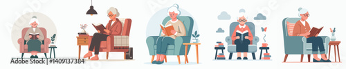 vector set of grandmother reading a book on a chair