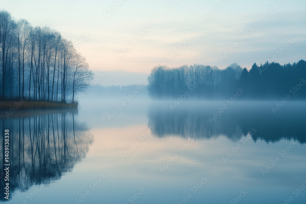 : A tranquil lake at dawn, with a layer of mist hovering above the water and trees reflecting in the still surface.
: A tranquil lake at dawn, with a layer of mist hovering above the water and trees reflecting in the still surface.