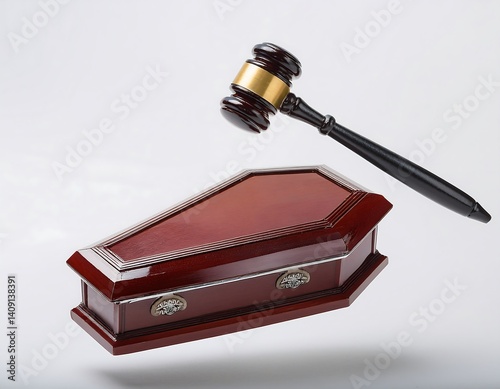 Gavel descends towards a mahogany coffin, symbolizing legal finality or estate matters.