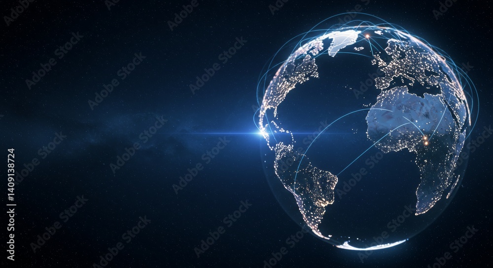 Fototapeta premium Glowing sphere of Earth with illuminated cities and dynamic light connections, showcasing global communication and connectivity against a starry background