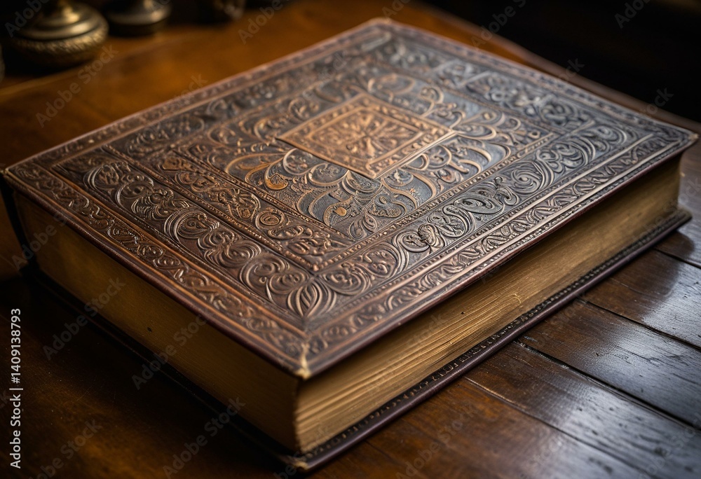 Fototapeta premium A brown leather book sitting on top of a table.
