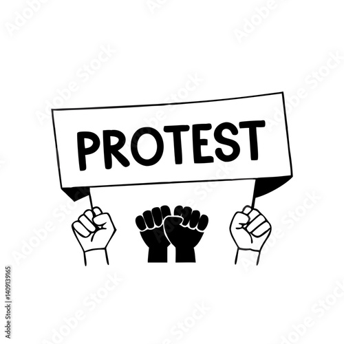 Protest sign with raised fists black and white icon