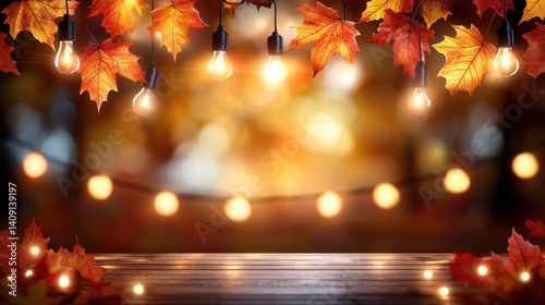 Autumn leaves, string lights, wooden table, fall ambiance, outdoor setting
