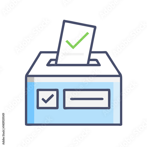 Blue ballot box with vote slip and checkmark