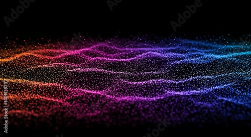 Abstract colorful wave pattern made of small dots on a black background with vibrant colors