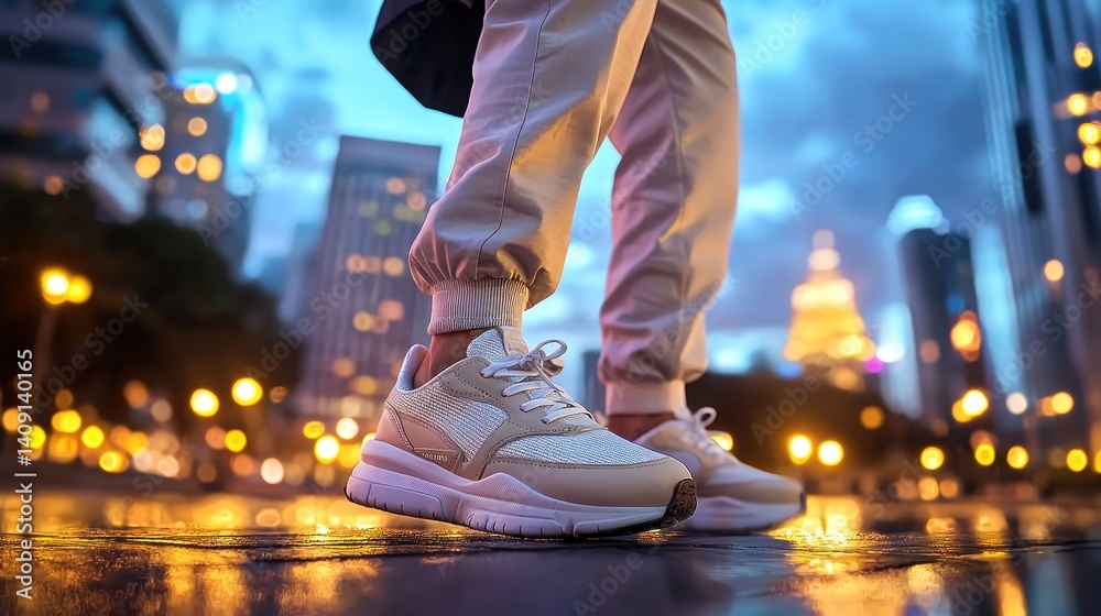 Fototapeta premium Cityscape stroll; person walking in urban twilight; wet pavement; illuminated buildings