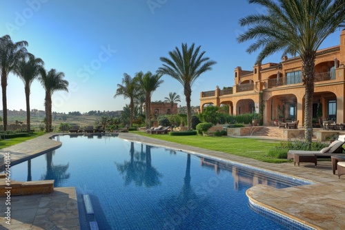 Luxury villa with a stunning pool  reflecting the palm trees and a terracotta building under a clear sky.