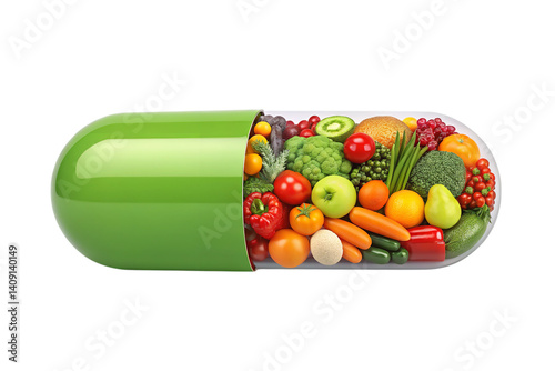 Giant green capsule bursting with fresh fruits vegetables a healthy diet on transparent background