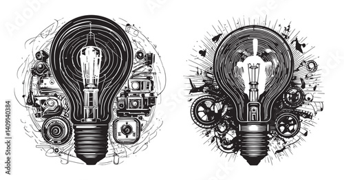 Artistic Light Bulb Design with Gears and Mechanisms Illustration