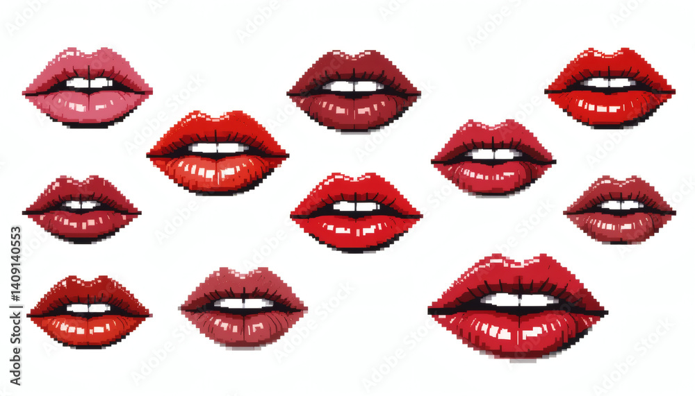 Retro 8-bit pixel different lipstick prints of women’s lips isolated on a white background for cosmetic design illustration Retro 8-bit pixel different lipstick prints of women’s lips isolated on a white background for cosmetic design illustration