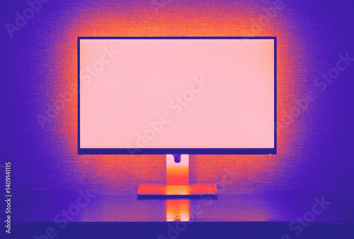 Blank monitor with backlight over gray wall in dark room in vivid neon hues 