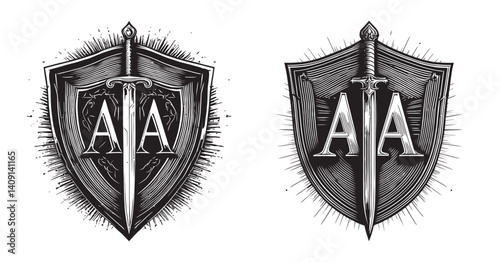 Vintage Shield Design with Sword and Initials for Branding, logo design, engraving design, vector illustration