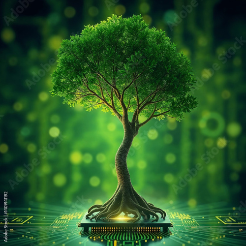 Lush green tree growing from microchip symbolizing nature and technology integration