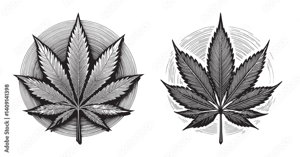 Obraz premium Black and White Illustration of Stylized Cannabis Leaves with Circles, logo design, engraving design, vector illustration