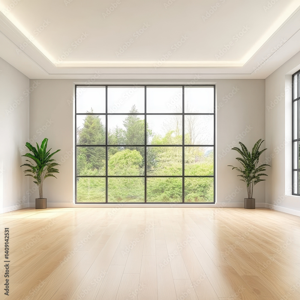 Fototapeta premium Bright and Spacious Living Room with Large Windows and Green View