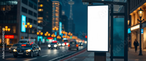Blank billboard mockup next to bus stop in a city at night with traffic
