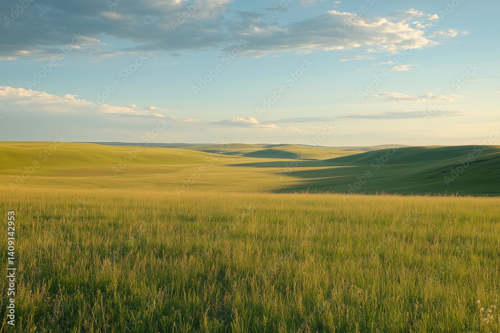 A vast open prairie with rolling hills stretching into the distance, bathed in the warm glow of the afternoon sun. A vast open prairie with rolling hills stretching into the distance, bathed in the warm glow of the afternoon sun.
