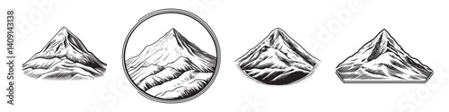 Vintage mountain illustrations with diverse perspectives in black and white, logo design, engraving design, vector illustration, logo design, engraving design, vector illustration