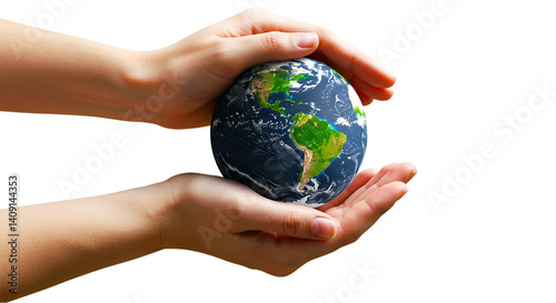 A pair of hands holding a globe with continents visible against a black background showing earth
