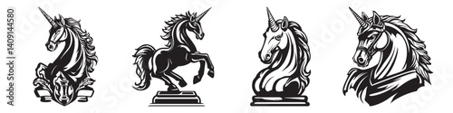 Elegant Black and White Unicorn Illustrations for Fantasy Themes, logo design, engraving design, vector illustration, logo design, engraving design, vector illustration