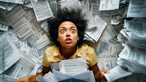 Overwhelmed woman amidst papers expressing stress