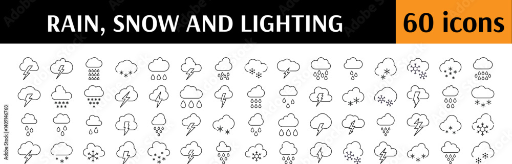 Weather Thin Line Icon Set. Lightning, Rain, Snow Outline Signs for Graphic and Web Design, Apps, Adverts, Various Cards Weather Thin Line Icon Set. Lightning, Rain, Snow Outline Signs for Graphic and Web Design, Apps, Adverts, Various Cards