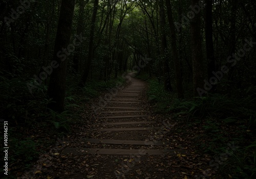 dark scenery of a forest trail with wooden boards