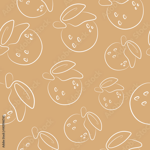 seamless pattern with a simple icon of an orange with a tail drawn in line art style on a yellow background, for various designs and patterns