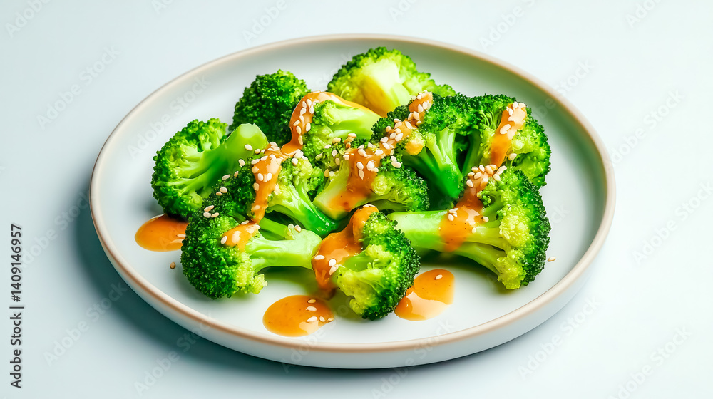 Steamed broccoli florets served with tahini sauce and sesame seeds Steamed broccoli florets served with tahini sauce and sesame seeds