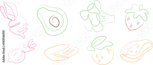 set of simple fruit and vegetable icons in line art style drawn with a colored outline, for various patterns and designs