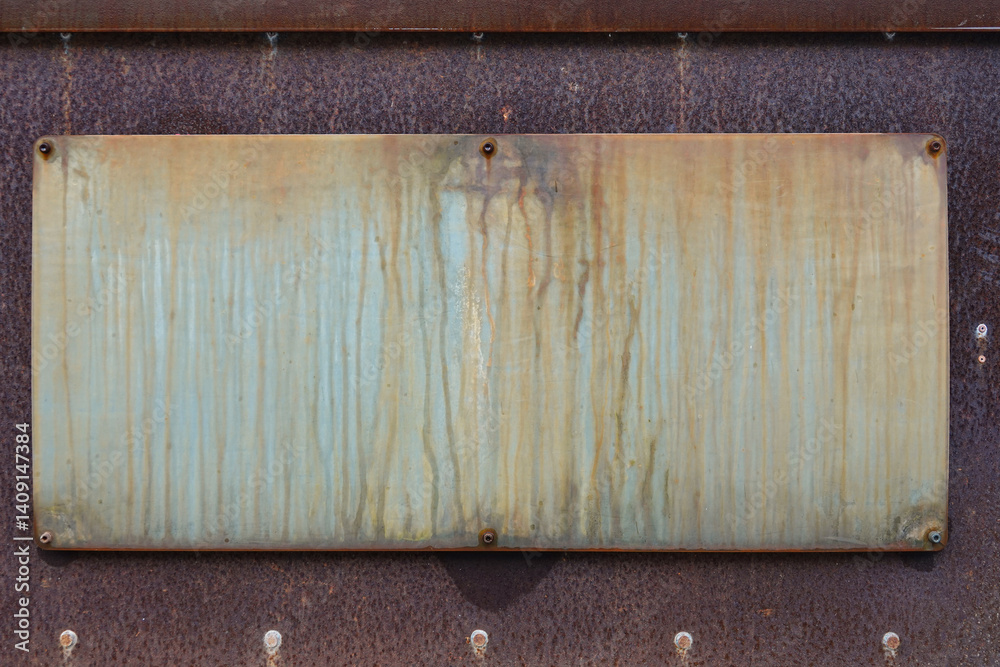 A heavily weathered metal panel displays rust and discoloration in a rustic environment, showcasing signs of age and exposure to the elements through time