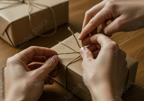 crop hand tying rope on gift box