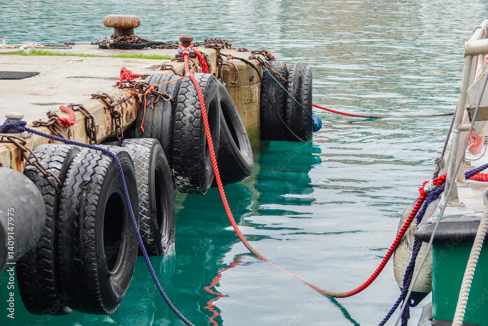 Tires are secured on a dock to protect boats, with ropes holding them in place. ,