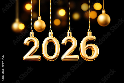 Golden ornaments representing the year 2026 hanging against a dark background with festive lights. Shiny golden numbers 2026 dangle from delicate chains with festive ornaments on black background