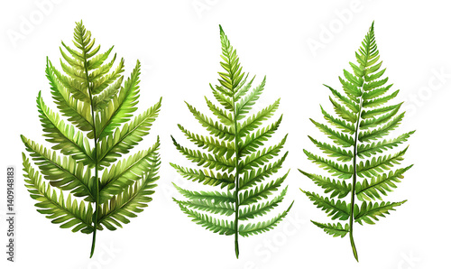 illustrations of various trees, leaves, grasses, and botanical elements on white background.