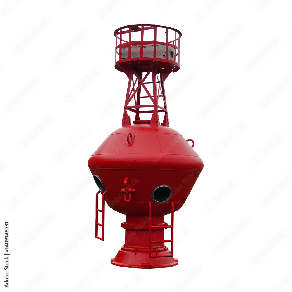 A bright red lighthouse buoy isolated on white background