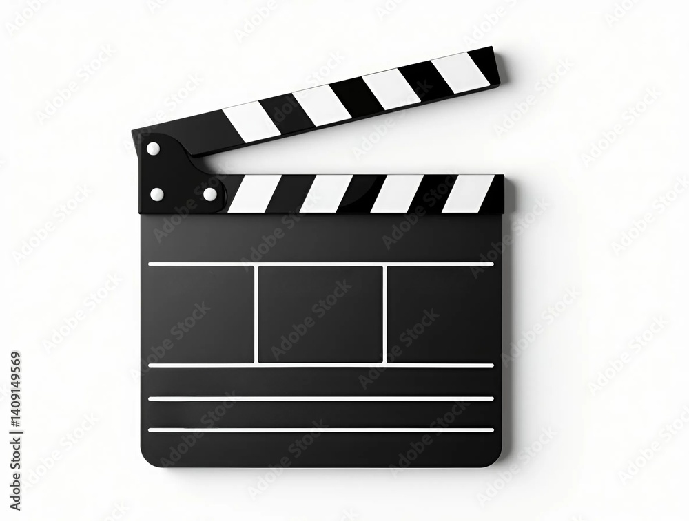 Fototapeta premium Movie clapperboard with open arm on white backdrop. Film industry equipment used to synchronize picture and sound. 