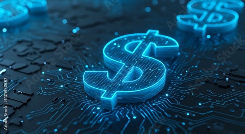 Glowing dollar signs on a dark circuit board representing digital finance and technology concept art