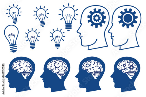 Brainstorming and Creative Thinking Concepts with Light Bulbs, Brains, and Gears Illustrations.
