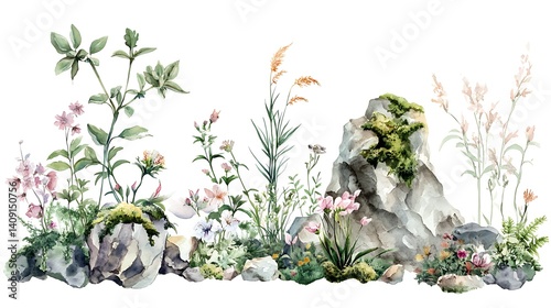 Watercolor painting of wildflowers, grasses, and moss-covered rocks.