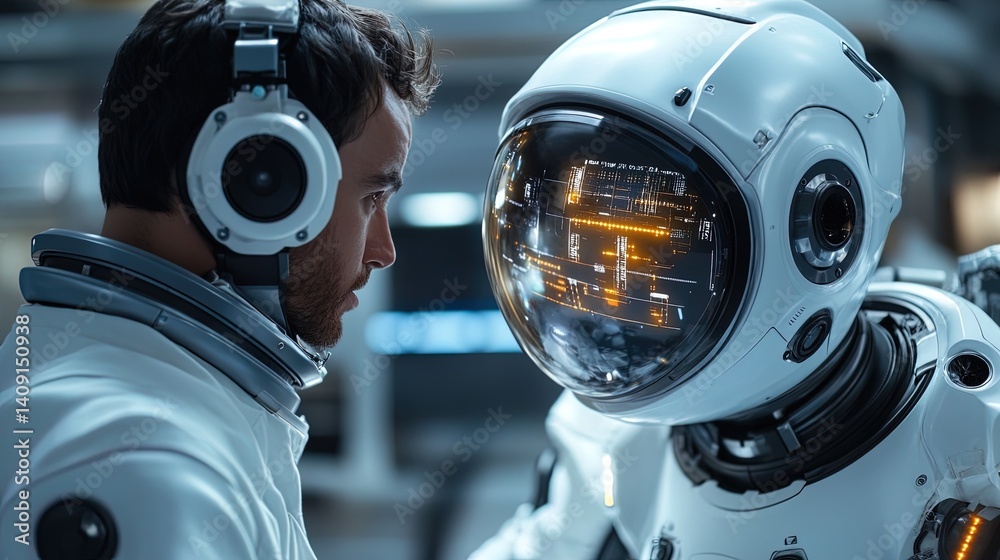 Fototapeta premium Face to Face: Human and Android in Future Space Exploration