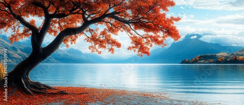 Autumn tree shedding leaves on lakeside with mountains backdrop. Wallpaper