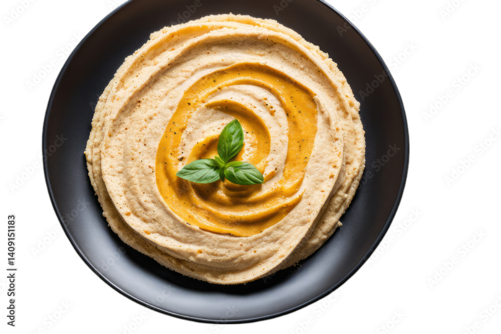 Appetizing hummus swirl with basil served on black plate on transparent, easy food option for restaurant menu or diet recipe, healthy eating concept
