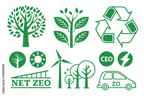 Green Energy and Sustainability Vector Icon Set Representing Net Zero Emission Goals