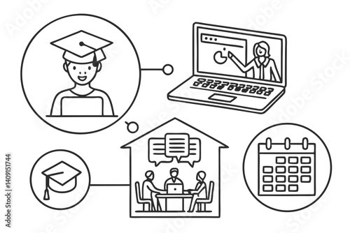 Online Education and Homeschooling Vector Illustration with Graduation, Meetings, and Schedule Management.