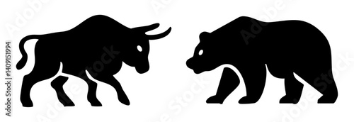 Vector illustration of a bull and bear silhouette facing each other, symbolizing stock market trends. Perfect for financial, investment, and trading-related content and designs.