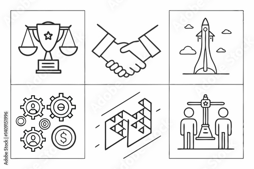 Business and Success: Set of hand-drawn line art illustrations, ideal for corporate concepts.