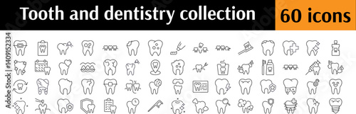 Bundle of Dentistry Related Line Icons. Teeth, Dental Floss, Caries, Cleaning Outline Signs for Graphic and Web Design, Apps, Adverts, Various Cards