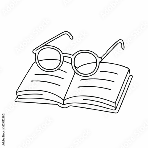 Open book with glasses in minimal hand drawn style