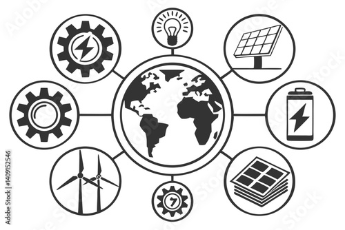 Global Green Energy and Sustainability Concept: Solar, Wind, Gears, Battery, Light Bulb Icons.